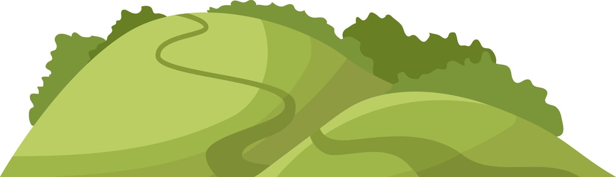 Picturesque summer landscape features rolling green hills covered with lush vegetation and a winding path meandering through the terrain, creating a serene and inviting outdoor scene vector