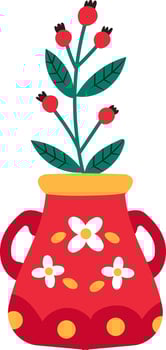 Red vase with handles and white flowers painted on it containing a branch with green leaves and red berries, representing a cozy home environment, perfect for nature and decoration themes vector