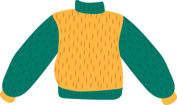 Cozy and stylish winter sweater featuring a vibrant orange body and contrasting green sleeves and high collar, perfect for staying warm during the cold season vector