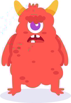 Illustration of a grumpy one eyed red monster standing with small horns and open mouth, ideal for children books, halloween, stickers and fantasy concepts vector