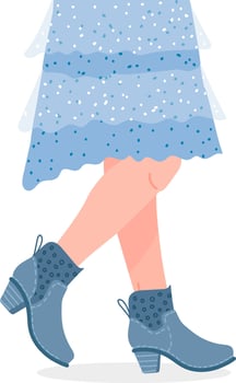 Woman wearing fashionable blue dress and stylish blue boots is walking somewhere, closeup of legs, modern casual clothing style, fashion illustration vector
