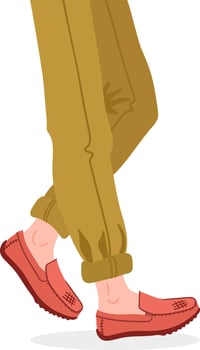 Feet of a person dressed in vibrant yellow pants and stylish red loafers walking gracefully, captured in a flat design illustration against a clean white background vector