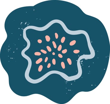 Abstract organic shape with pink dots forming a flower on a teal background, representing concepts like nature, creativity, and growth, with a textured, vintage aesthetic vector