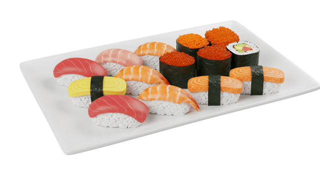Assorted Sushi Platter with Salmon Tuna and Roe Nigiri on White Plate Japanese Cuisine Variety and Delicious Food Still Life png