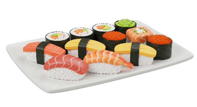Assortment of Japanese Sushi on a White Plate Delicious and Fresh Food Photography with Various Types of Sushi png