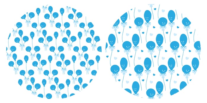 Deflated and Circular Blue Balloons with tied ribbon bow and hearts. Pattern on Circle Backdrop Set. Isolated Illustration Blue Monday Themed Background Greeting Card Party invite, leaflet, tag vector