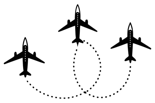 Three airplanes flying in formation with dotted flight paths vector