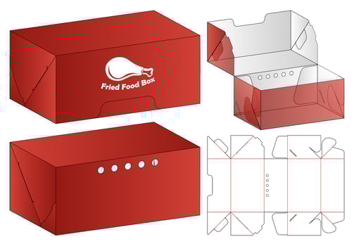 Fried Food Box Packaging Template with Chicken Illustration 3D Mockup and Dieline Layout vector