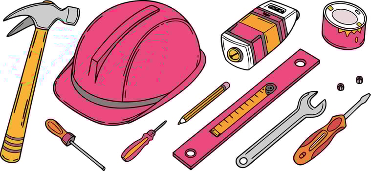 Collection of pink construction tools and safety gear isolated on transparent background vector