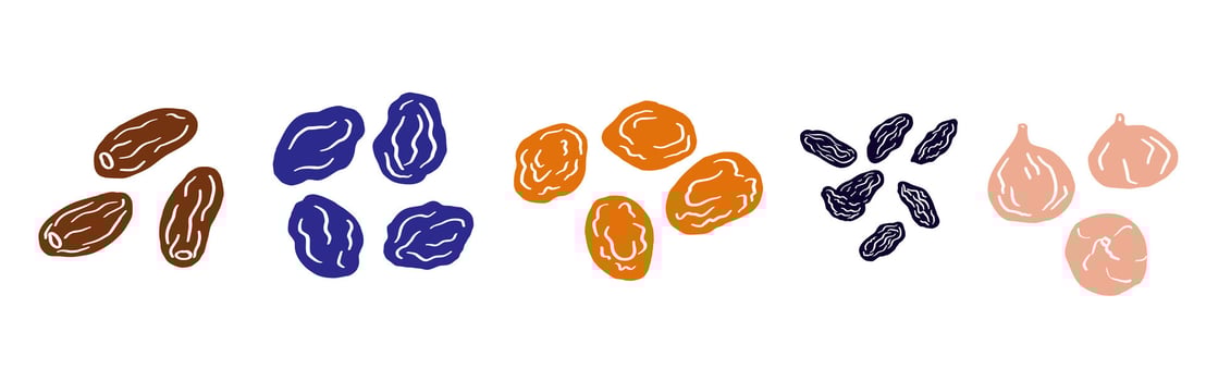Dried fruits on isolated background. Dehydrated fruits, oriental dried dessert with fig, apricot, dates, prune, raisin. Food illustration for logo, label, card, wrapping, design. vector