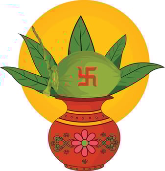Pot with coconut and green leaves vector