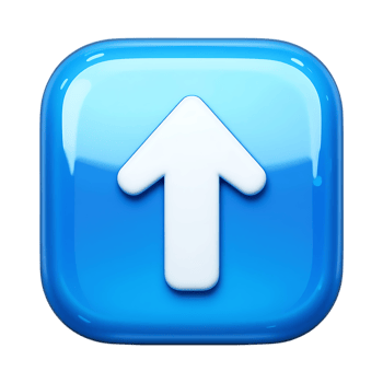 A glossy blue square icon with a white arrow pointing upwards in a 3d rendering isolated on transparent background png