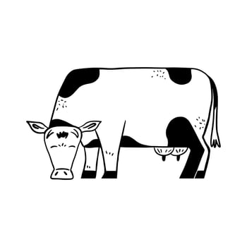 Hand-drawn spotted cow, grazing peacefully. Farm animal illustration in simple black and white line art style. Design element. vector