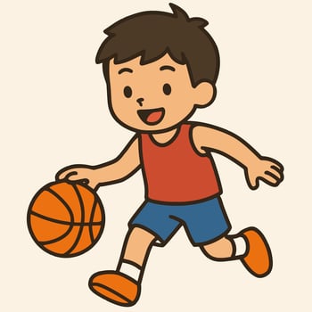 Illustration of a cheerful cartoon boy is dribbling a basketball, showcasing his skills and enthusiasm for the sport, perfect for illustrating childrens activities and healthy lifestyles vector