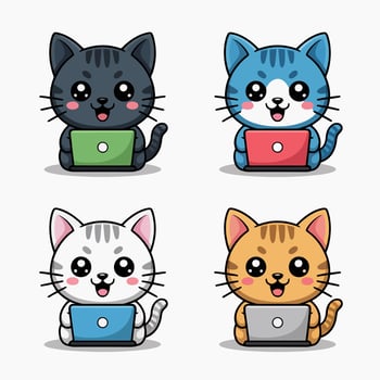 Illustration of cute cartoon cat character with laptop isolated on white background adorable kitten working on computer illustration of kawaii animal design for kids and children vector