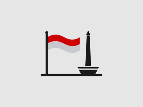 a waving Indonesian flag next to the National Monument vector