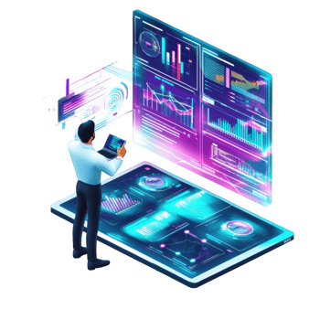 business owner analyzing data futuristic digital interface, showcasing various graphs and charts that represent e commerce growth and performance metrics. vibrant colors and high tech design evoke png