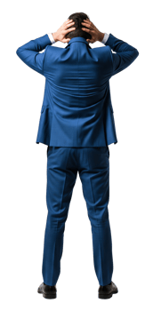 Businessman with his hands on his head cut out, as if in shock, back view png