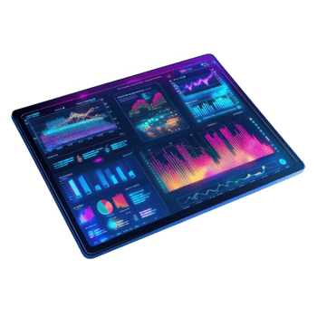 Futuristic business dashboard displaying vibrant data visualizations, graphs, and analytics in holographic style. This workspace enhances productivity and decision making png
