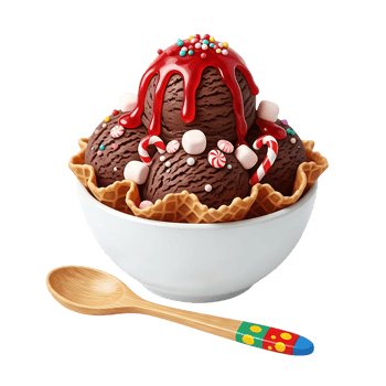 Delicious chocolate ice cream sundae with toppings in a waffle bowl isolated on transparent background png