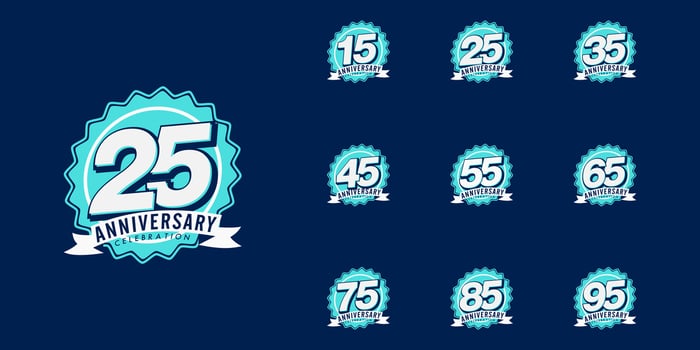 Set of anniversary celebration. blue medal logo isolated with ribbon on blue background vector