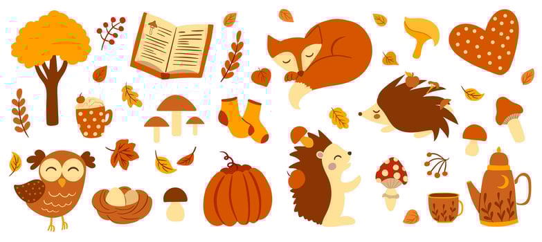 Autumn cozy woodland set. Owl, fox, hedgehog cute forest animals vector