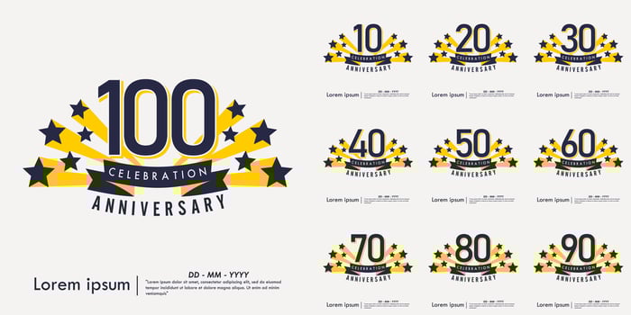 Set of anniversary celebration logo with ribbon and starbursts on white background vector