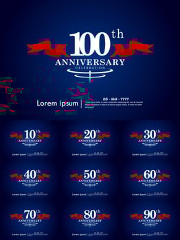 Set of elegant anniversary celebration logo with red ribbon on dark blue background vector