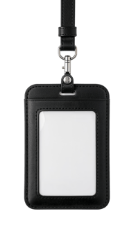 Elegant leather badge holder suspended by a matching strap on transparent surface png