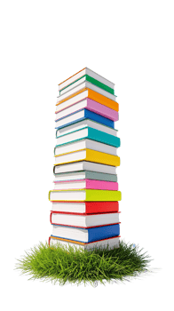Towering pile of vibrant books atop a verdant grassy patch against an isolated space png