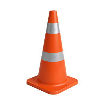 Isolated orange safety cone with reflective stripes on a transparent field of view png