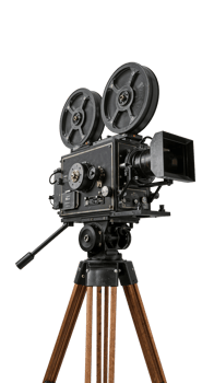Vintage movie camera poised for action on a tripod, isolated against a transparent setting png
