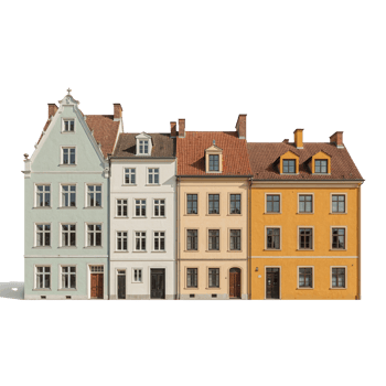Row of historical european houses isolated against transparent expansive presentation space png