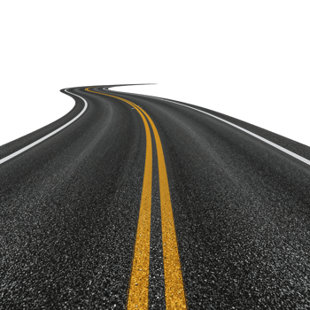 Winding asphalt road illuminated under a soft light, contrasting with emptiness, isolated png