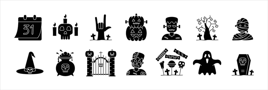 Glyph Halloween Icons, Calendar, Candles, Pumpkins, Zombie, Frankenstein, Witch Hat, and Others vector