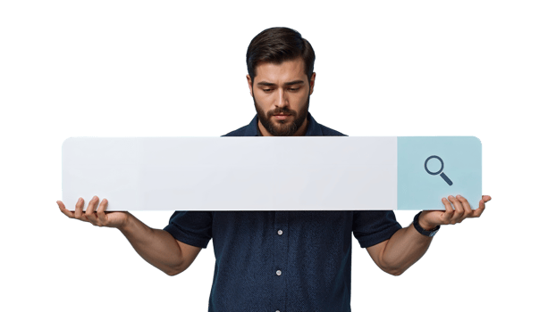 Man presents virtual search bar, symbolizing discovery and information retrieval tools for png