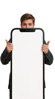 Young man presenting oversized smartphone with a playful, peek-a-boo pose, isolated composition png