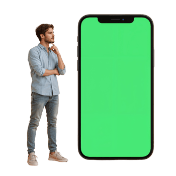 Contemplative man standing by a colossal smartphone with a vibrant green screen display inviting png