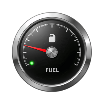 Fuel gauge indicating low level with a silver bezel on an isolated transparent surface png