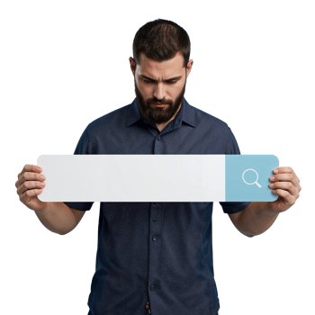 Contemplative bearded man showcasing a search bar mock-up against a stark neutral setting png