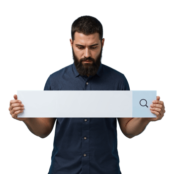 Bearded man holding a search bar with focused gaze symbolizing online searching png