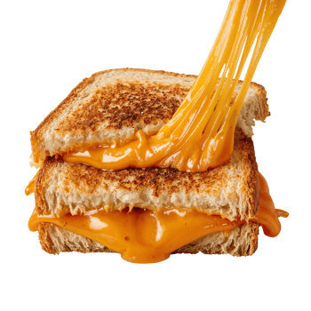 Melted cheese cascading from a delectable grilled sandwich against a transparent canvas that png