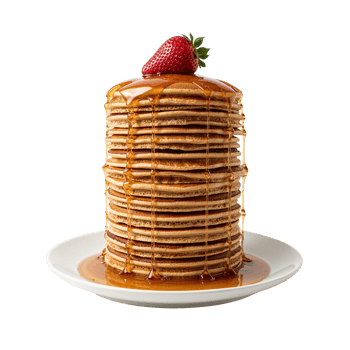 Stack of fluffy pancakes drizzled with syrup and topped with a fresh strawberry against png