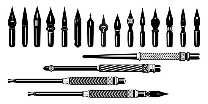 Set of Fountain Pen Nibs and Holders. Cliparts isolated on white. vector