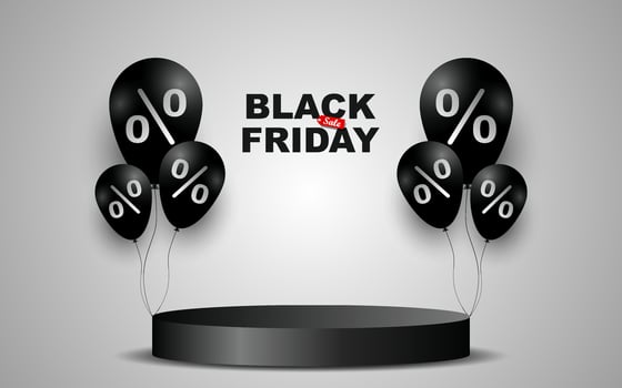 Black Friday sales promotion banner layout design with cylindrical product display. vector