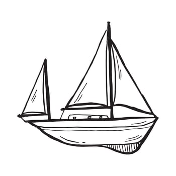 Whimsical sketch of a sailing ship with two masts and three sails. Ideal for nautical designs, childrens books, invitations, and vintage marine decor. vector