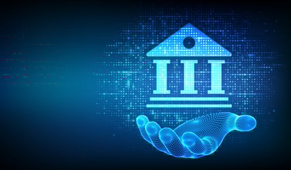 Digital hand holding virtual bank icon vector