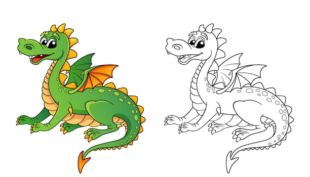 Cute cartoon dragon. Color and black white illustration for coloring book vector
