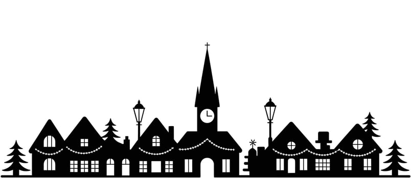 Festive Christmas Village Silhouette with Decorated Houses and Church holiday vector