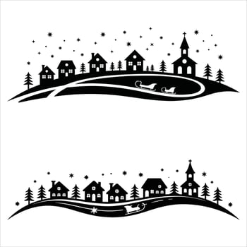 Christmas Village Silhouettes with Sleighs and Snowy Landscape winter vector
